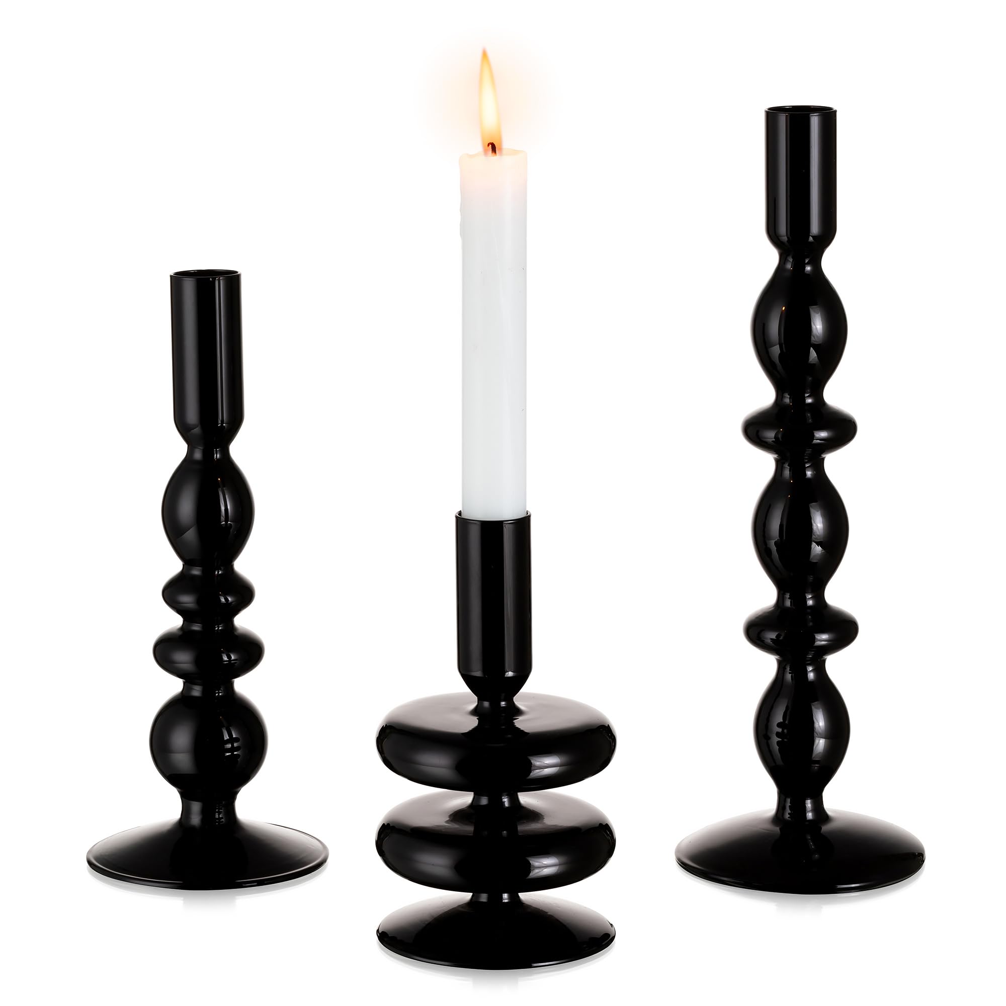 Glasseam Black Candle Holders for Candlestick Candles, Glass Candle Holder Set of 3, Modern Candle Stick Holder for Dining Decorations, Candlestick Holder for Christmas Wedding Tables Centerpiece