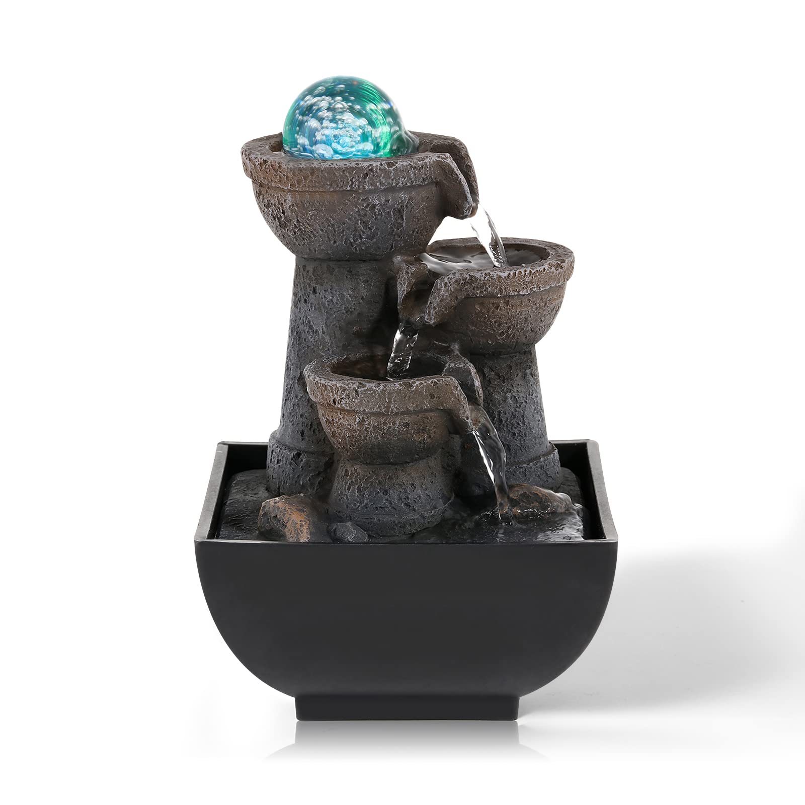 Dyna-Living Multicolor Tabletop Water Fountain, Desktop Retro Waterfall Fountain, Indoor Waterfall Feature with Crystal Ball and Light for Home Office Decor 5''X5''X9''