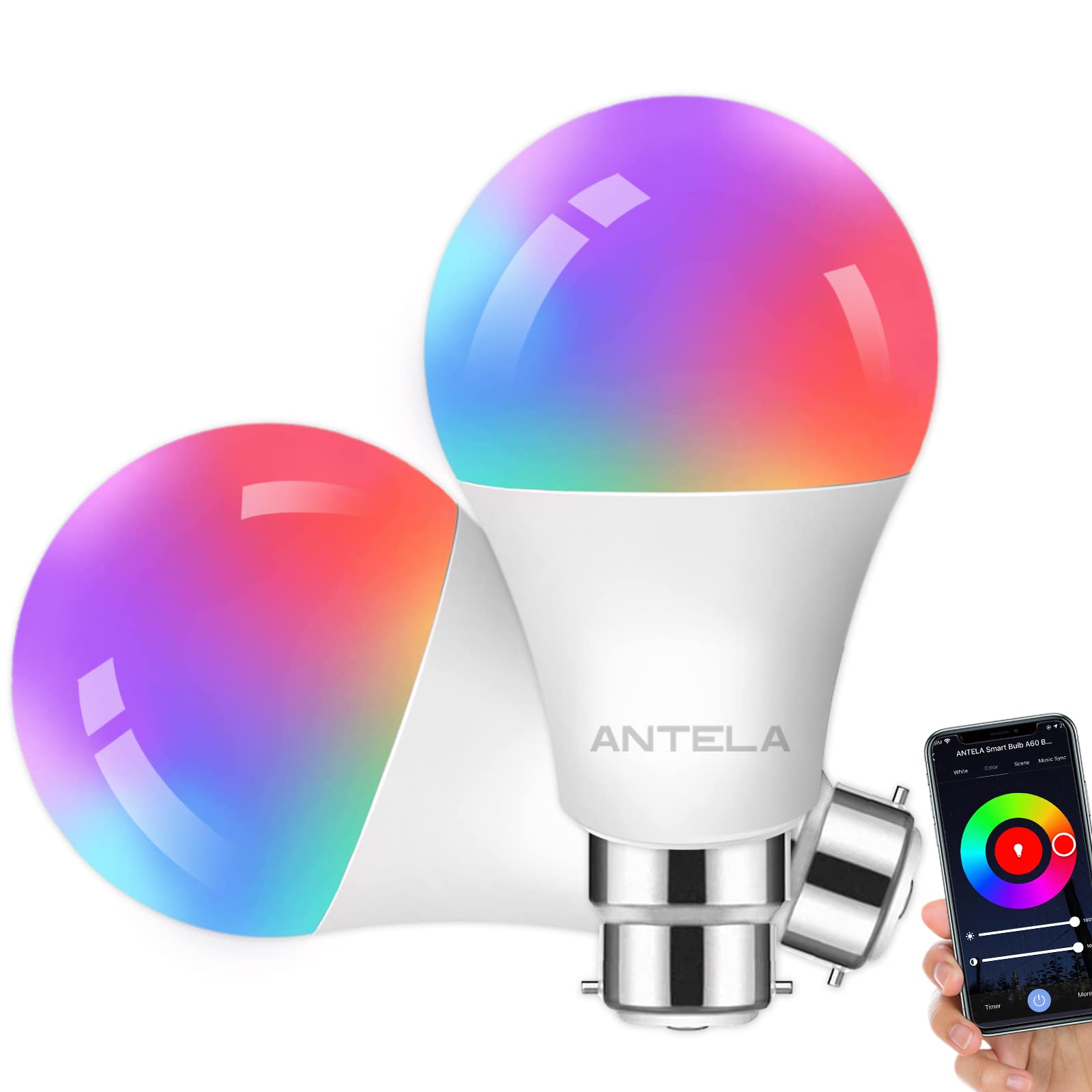 ANTELA Smart Bulb B22 Alexa Light Bulbs, 9W 1000LM LED WiFi Bulb, 2700K-6500K RGB Dimmable Colour Changing, Smart Life App Control, Compatible with Alexa, Google Home, No Hub Required, 2 Packs