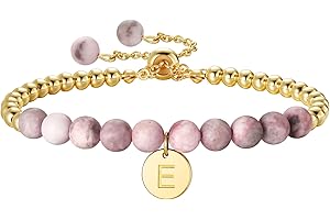 Ritach Initial Bracelets for Girls Kids - Pink Zebra Natural Stone Bracelet Real Gold Plated Beaded Bracelets Adjustable Disc Initial Bracelets for Girls Kids Teen Girl Gifts