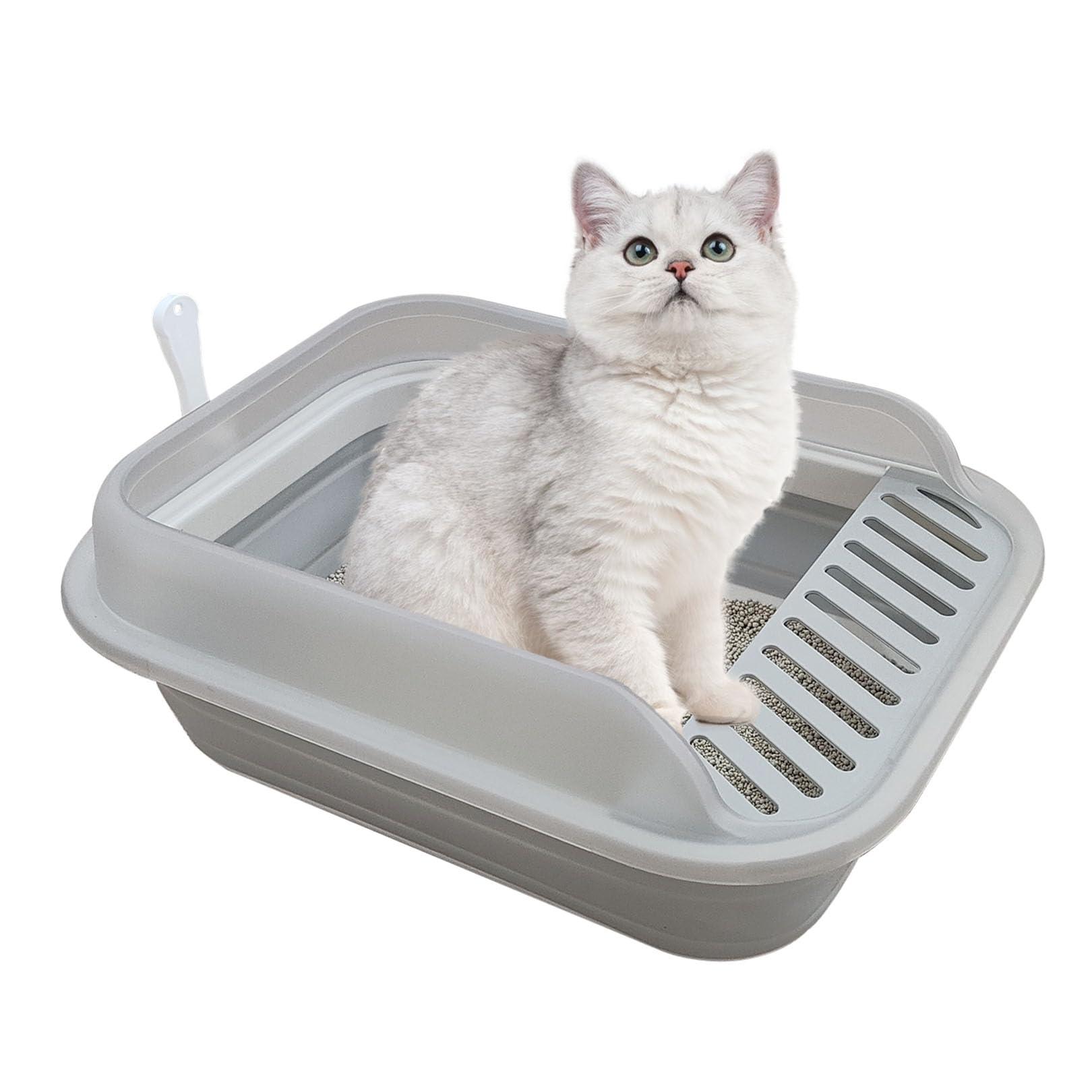 Photo 1 of Collapsible Kitten Litter Box, Open High Sided Cat Potty Pan with Scoop Shallow Cat Toilet Anti-Splashing Low Entrance Travel Litter Box with Falling Sand Pedal for Kitty to Senior Cats