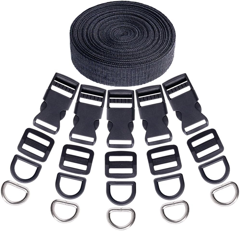 Swpeet 41Pcs 3/5 Inch DIY Making Bag Kit, Including Flat Side Release Buckles and Tri-glide Slides and D Rings with 1 Roll 5 Yards Nylon Webbing Straps for DIY Making Luggage Strap, Pet Collar