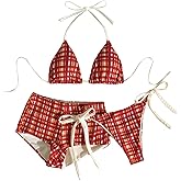 Verdusa Women's 3 Piece Boho Gingham Halter String Bikini Set High Cut Swimsuit with Boyshorts