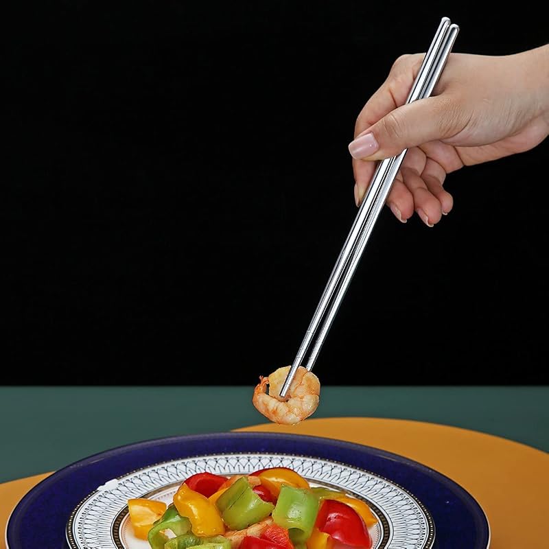 10 Paar Wiederverwendbare Essstäbchen, Edelstahl-Metall-Essstäbchen, Japanisches Chinesisches Koreanisches Essstäbchen Spülmaschinenfest, 8,9 Zoll (Silber/Essstäbchen) — Foto 5 von 7
