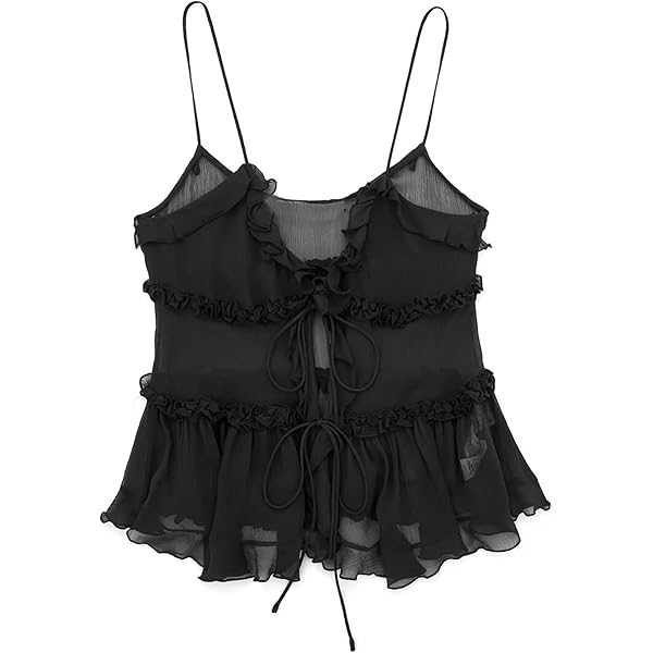 BAIMORE Women's Cute Sheer Tie Front Ruffle Trim Spaghetti
