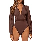 GORGLITTER Women's Sexy Ruched Deep V Neck Long Sleeve Bodysuit Plunging Neckline Leotard Shirts