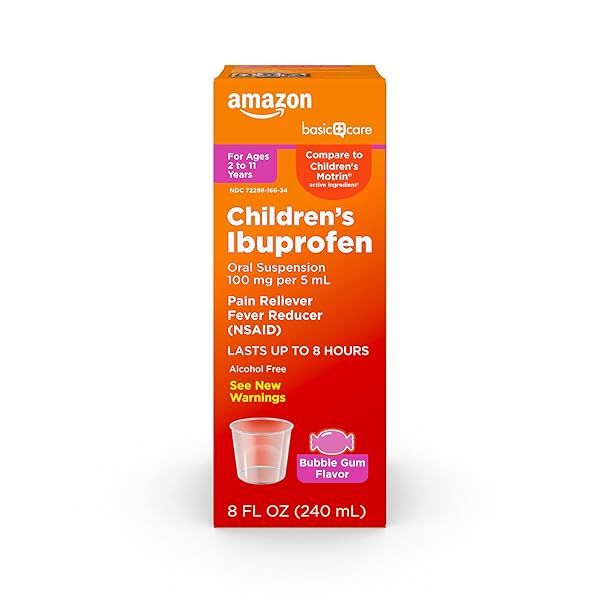 AMAZON BASIC CARE CHILDREN’S IBUPROFEN ORAL SUSPENSION 100 MG PER 5 ML, PAIN RELIEVER AND FEVER REDUCER (NSAID), BUBBLEGUM, FOR MINOR ACHES AND PAINS, HEADACHE RELIEF AND MORE, 8 FL OZ (PACK OF 1)