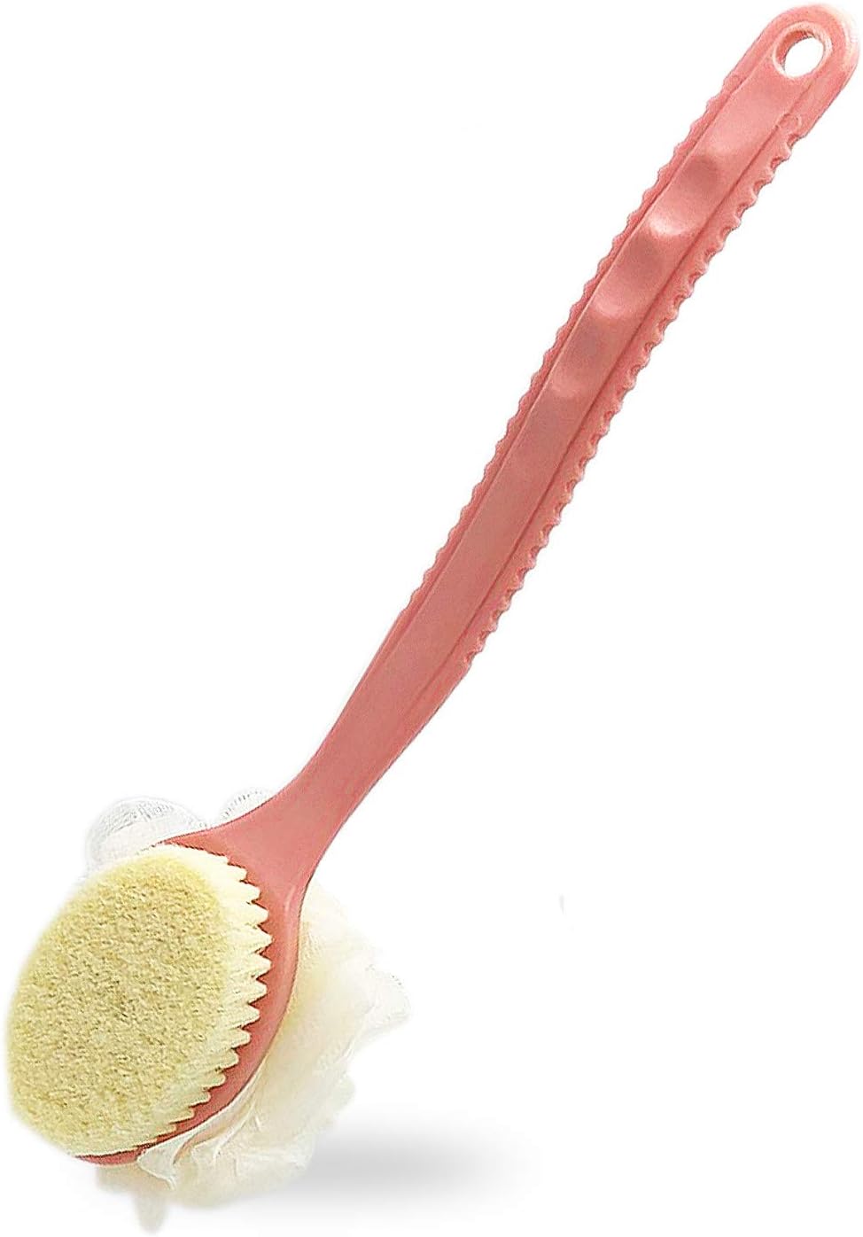 Shower Body Brush Long Handle, Bath Back Scrubber with Comfy Bristles and Loofah for Skin Exfoliating, Wet Brushing for Women and Men(Pink)