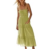 Wenrine Womens Summer Beach Dresses Backless Spaghetti Straps Self Tie Tiered Flowy Casual Maxi Dress with Pockets Yellow