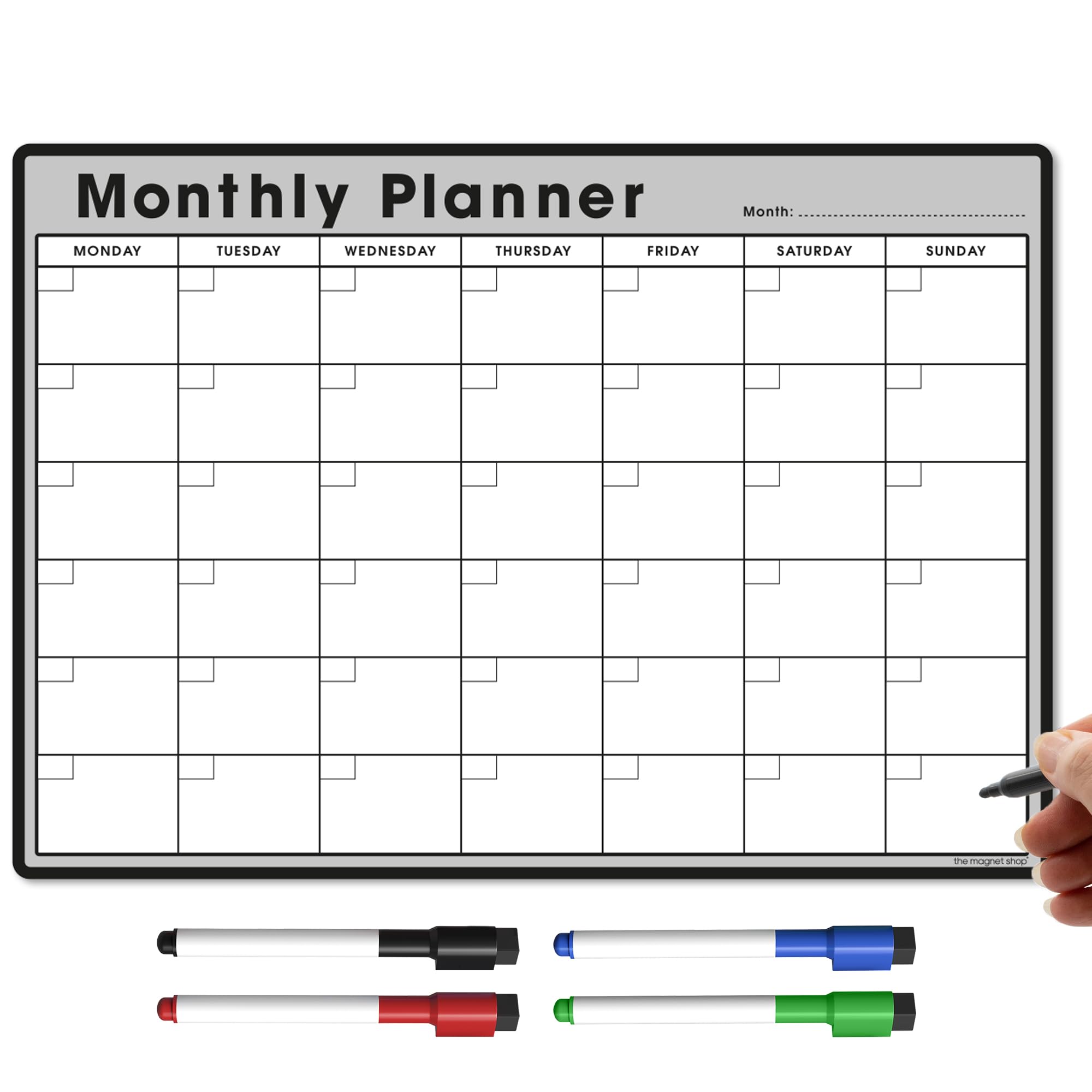 TMS A3 Monthly Planner Whiteboard | Magnetic Fridge Calendar for Meal Prep, Work or Family Planning | Made in The UK (A3, Grey)