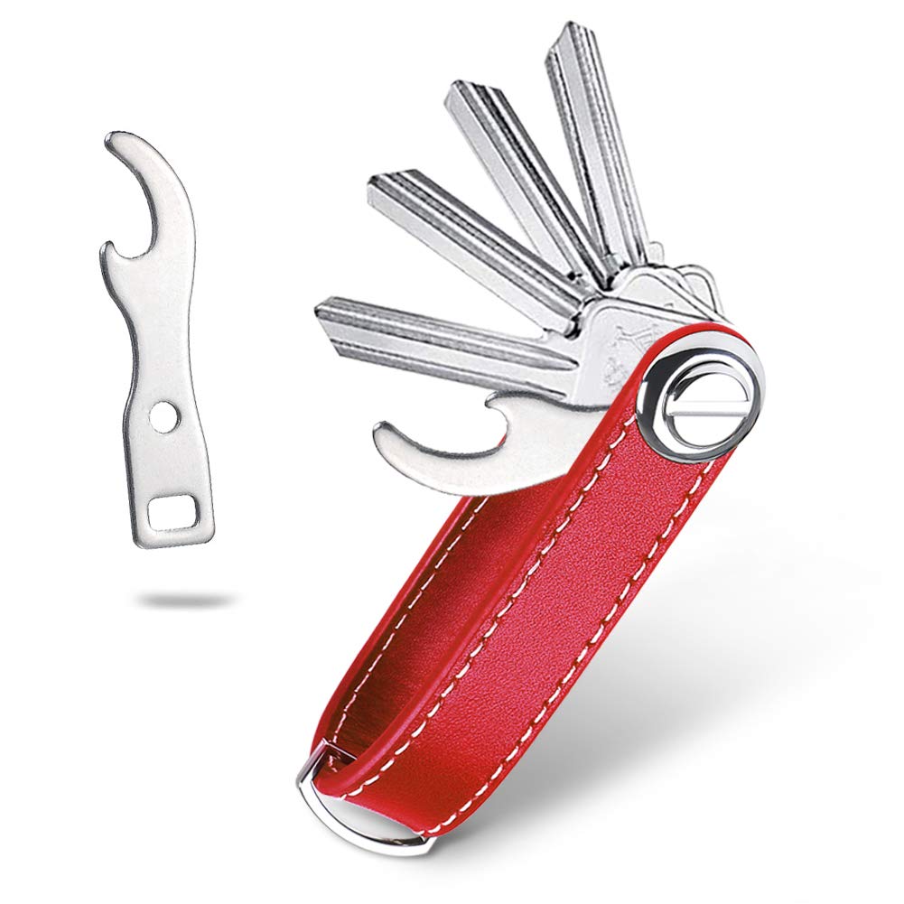 flintronic Key Organizer, Genuine Leather Keychain, Pocket Smart Key Holder with Gift Box&Bottle Opener, Functional & Practical Keys Storage for Quick Easy Access(Holds 7-9 Multiple Keys)-Red
