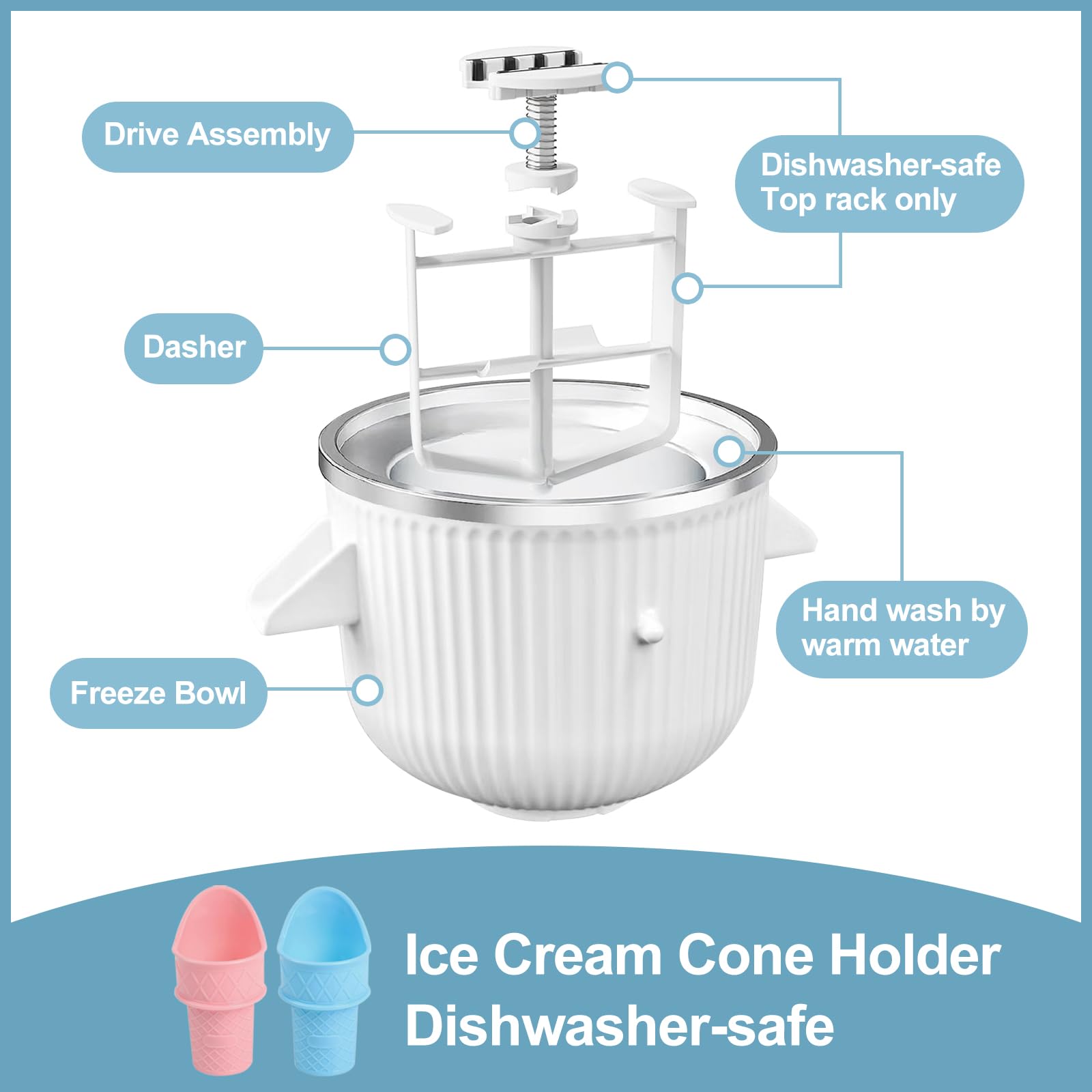 Ice Cream Maker Attachment for Kitchen Aid Stand Mixer, 2 Quart, Ice Cream & Sorbet Gelato Maker Machine, Fits 4.5Qt and Larger Stand Mixers, with 2 Ice Cream Holder