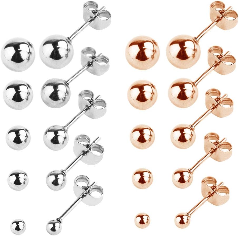 HOVEOX 10 Pairs Stud Earrings Set Round Ball Stainless Steel Silver and Rose Gold Mixed Color Stud Earrings for Men Women Boys and Girls
