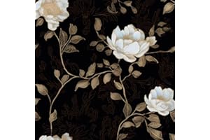 Laatse Black Golden Floral Peel and Stick Wallpaper Flowers Contact Paper 17.5" x 393" Self Adhesive Waterproof Vintage Dark Floral Wall Paper for Shelf Liner Cabinet Decor
