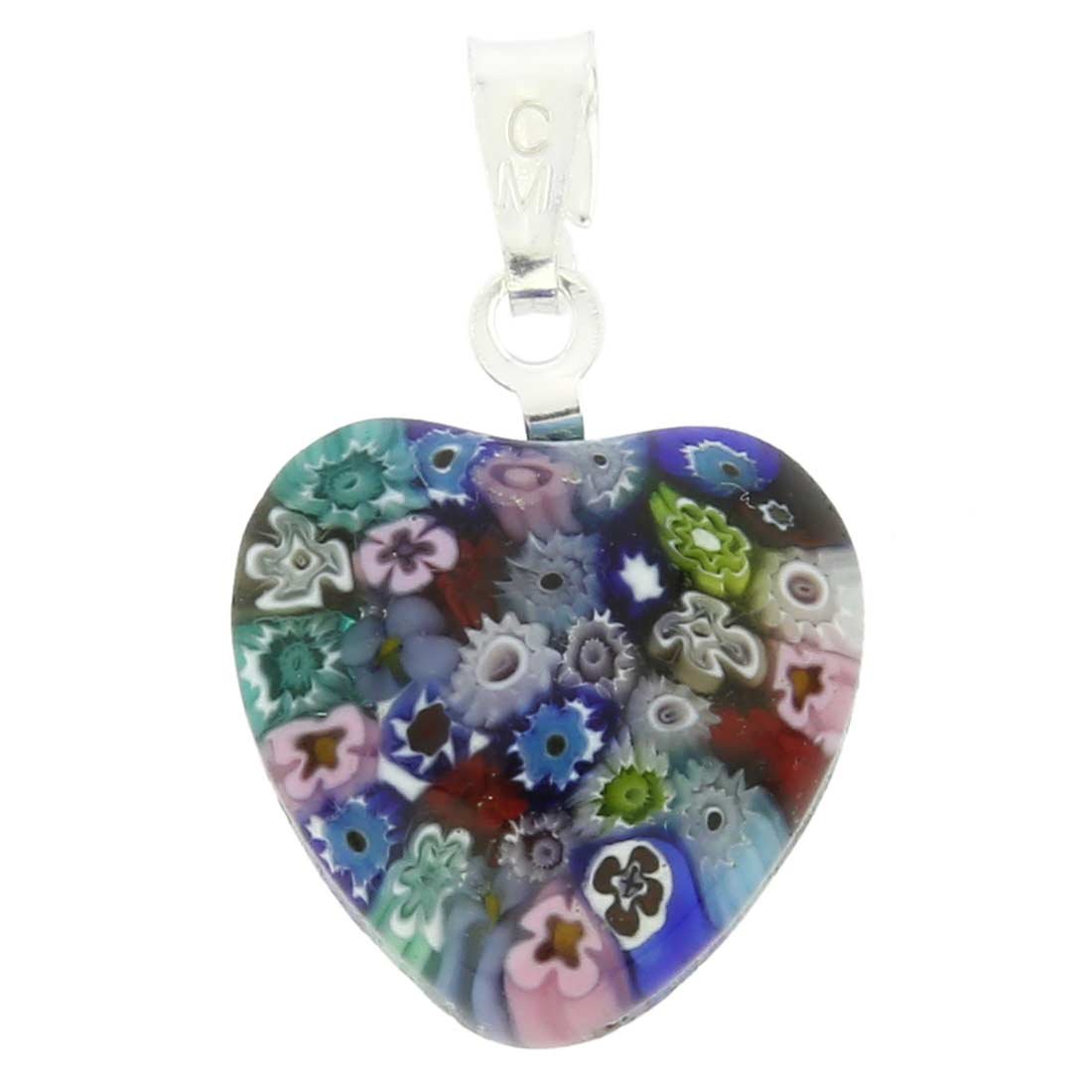 Glass Of Venice Murano Glass Millefiori Heart Pendant - Silver Multicolor