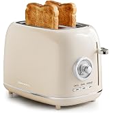 QUAXWELL Retro 2-Slice Toaster, Stainless Steel, Beige | Wide Slots, 7 Bread Shade Settings, Bagel, Cancel, and Defrost Functions, Removable Crumb Tray, Retro Kitchen Appliances