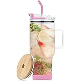 AiHeart Glass Tumbler with Lid and Straws,40oz Glass Cup with Handle,Drinking Glasses with Silicone Coaster,Glass Water Cup,Smoothie Cup,Beer Cup,Ice Coffee Cup,Fits In Cup Holder(Pink)