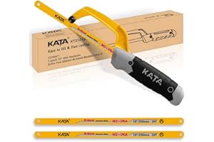 KATA Mini Hacksaw for Metal Cutting, Compact Hand Hack Saw Tool with 10 Inch Aluminum Frame and 2 Piece Extra Flexible Bi-Metal HSS Saw Blades, Small Handsaw Cutter for Wood, PVC, Iron, Copper