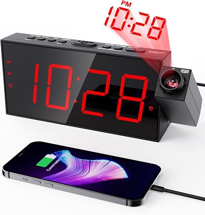 ROCAM Digital Projection Alarm Clock USB Charger Dimmable Bedroom Loud Snooze