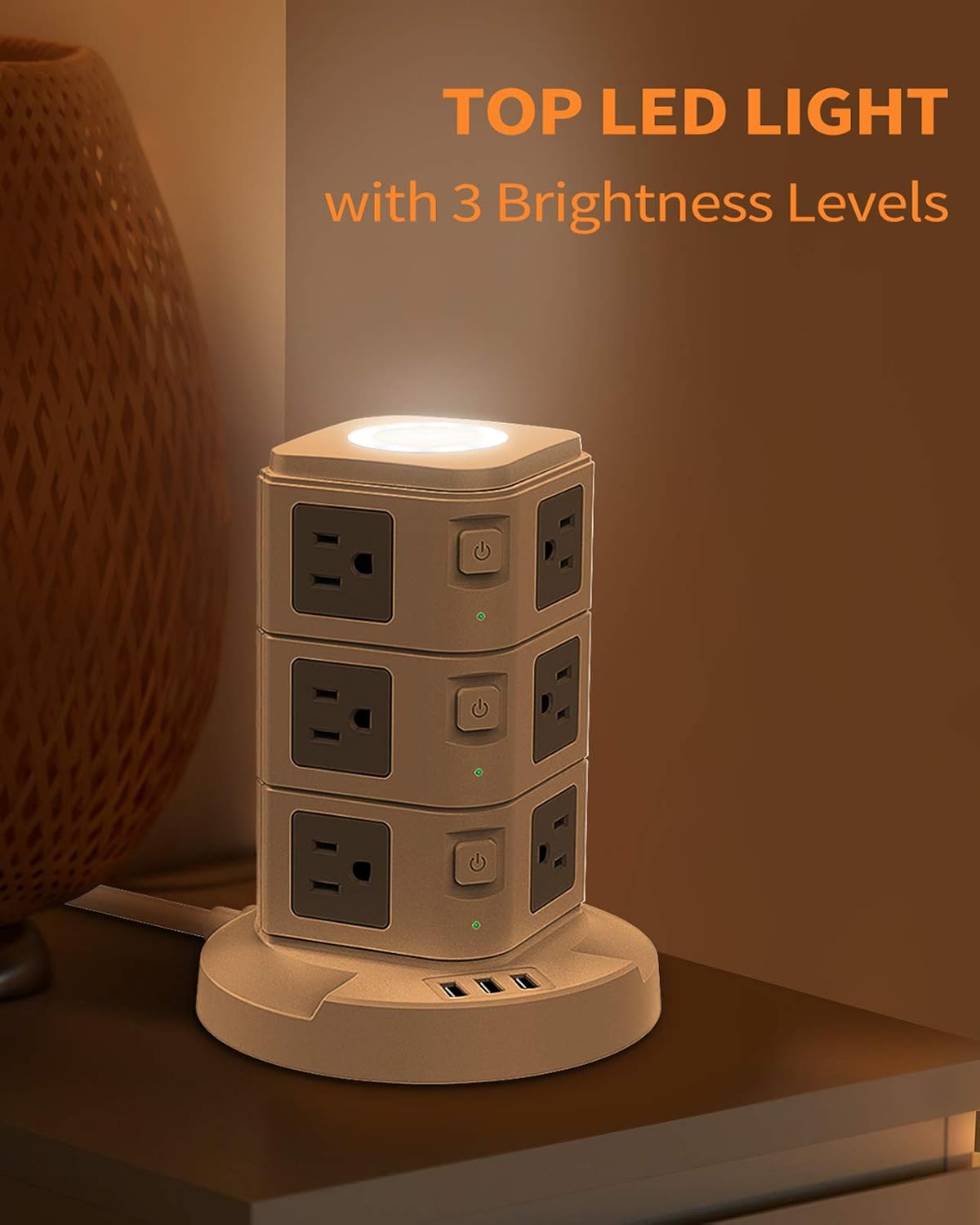 AiJoy Surge Protector USB Power Strip Tower with Top Night Light,10ft Extension Cord with 12 Outlets,3 USB Ports(MAX 3.1A) and 3 Individual Switches, Fast Charging Station for Home and Office: Electronics