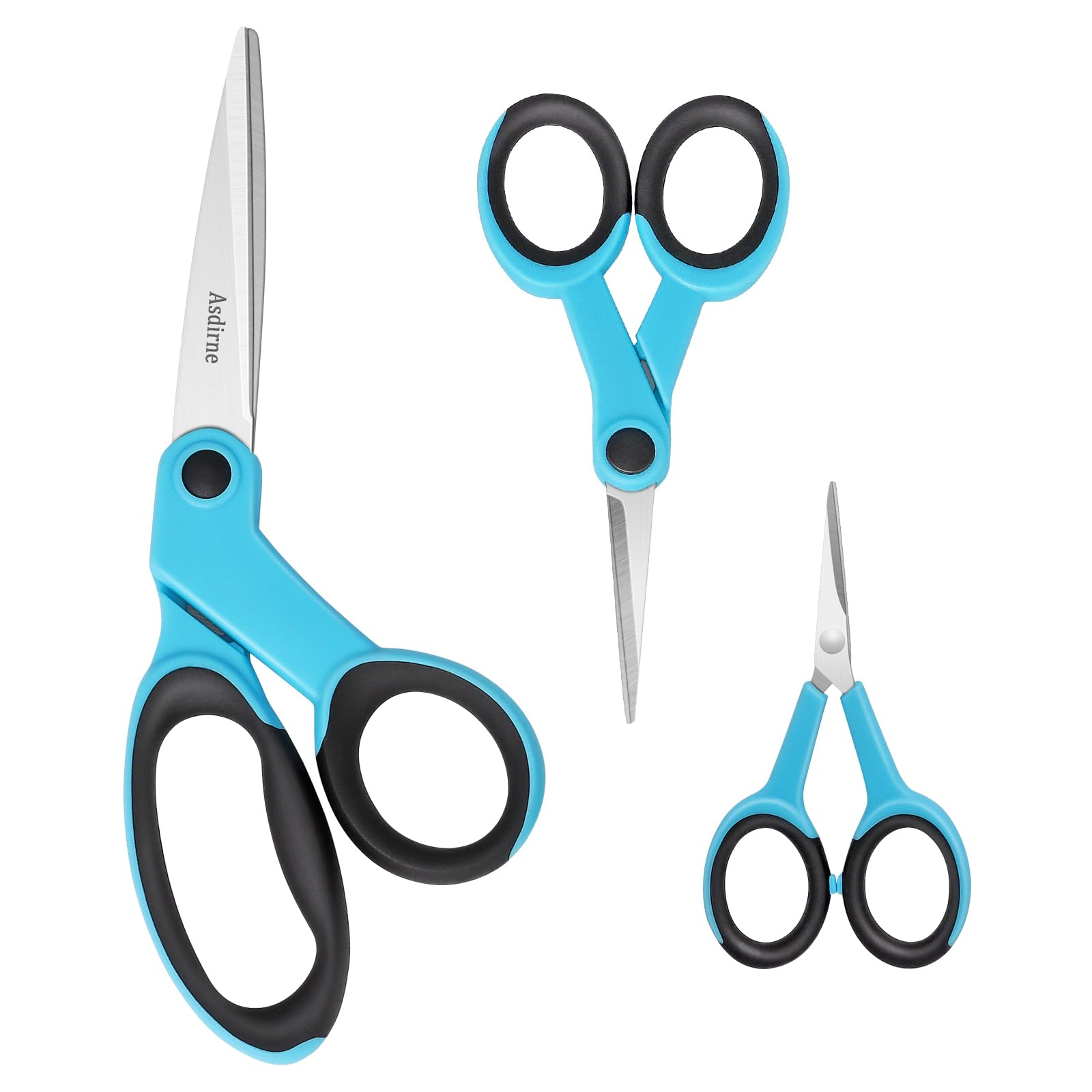 Asdirne Fabric Scissors Set - Sharp Stainless Steel Blades, Soft Handles - Sewing, Craft & Embroidery Scissors - 3PCs, Blue/Black