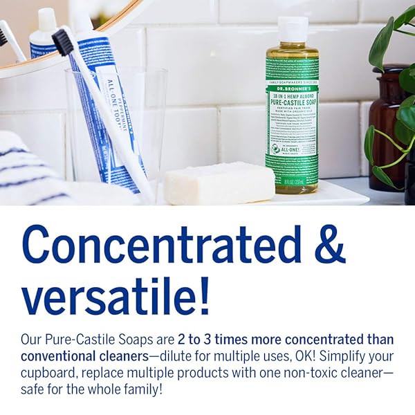 DR. BRONNER’S – PURE-CASTILE LIQUID SOAP (ALMOND, 8 OUNCE) – MADE WITH ORGANIC OILS, 18-IN-1 USES: FACE, BODY, HAIR, LAUNDRY, PETS AND DISHES, CONCENTRATED, VEGAN, NON-GMO