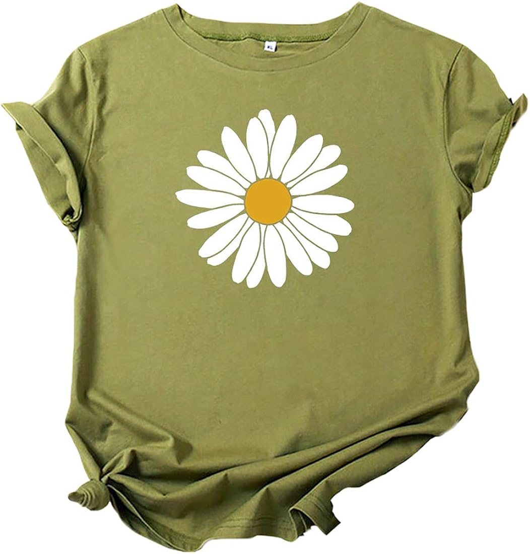 Mikialong Vintage Daisy Flower Shirt Women Short Sleeve Graphic Tee