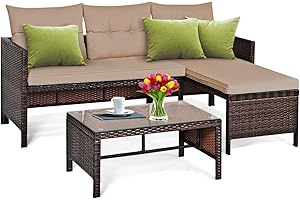 DORTALA 3 Piece Patio Furniture Set, Outdoor Rattan Sectional Sofa Set with Cushions, Coffee Table, Wicker Conversation Set f
