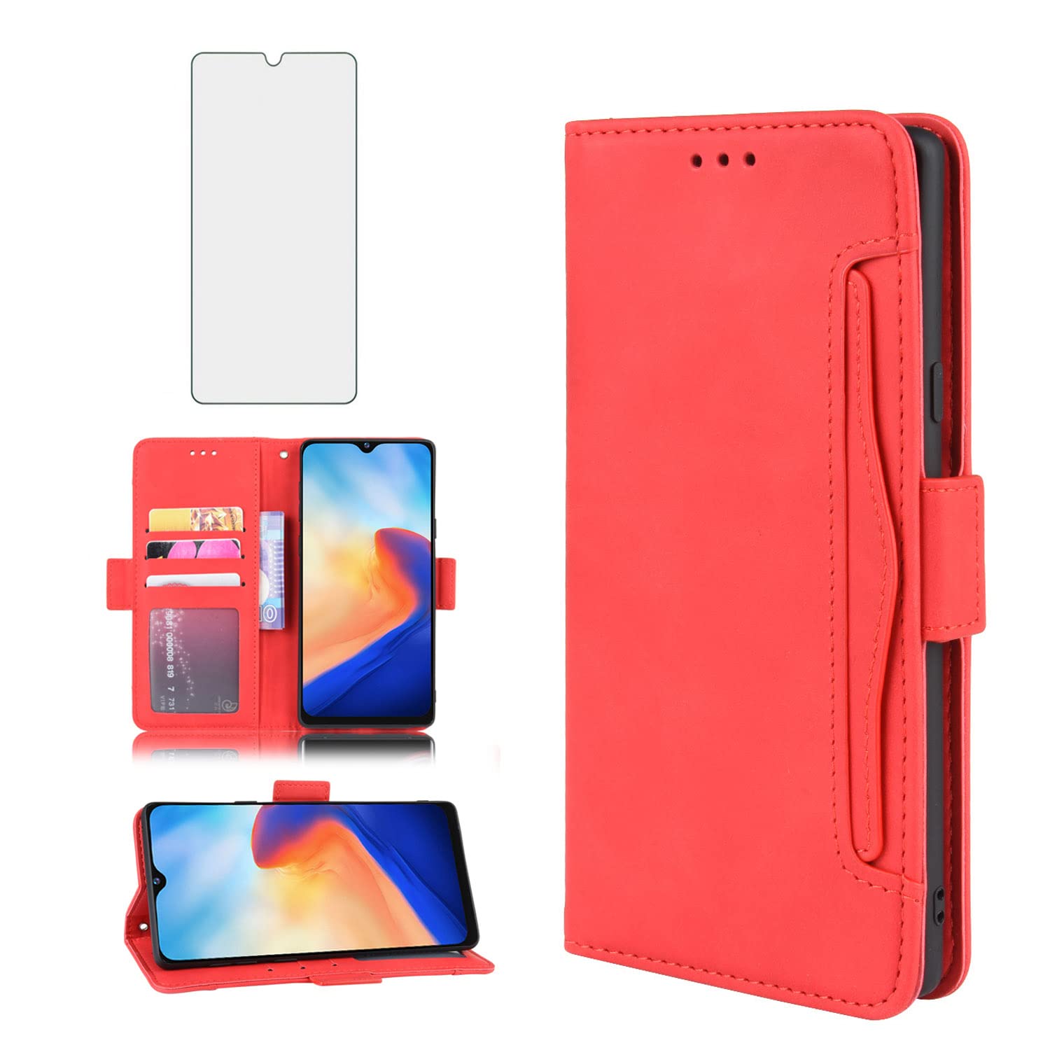 Asuwish Compatible with Blackview A80/A80S Wallet Case and Tempered Glass Screen Protector Card Holder Credit ID Slot Flip Leather Cell Accessories Phone Cover for BlackviewA80 Women Men Red