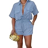 2 Piece Outfits for Women Summer Casual Short Sleeve Button Down Tops Blouses Shirts and Shorts Set with Pockets Romper
