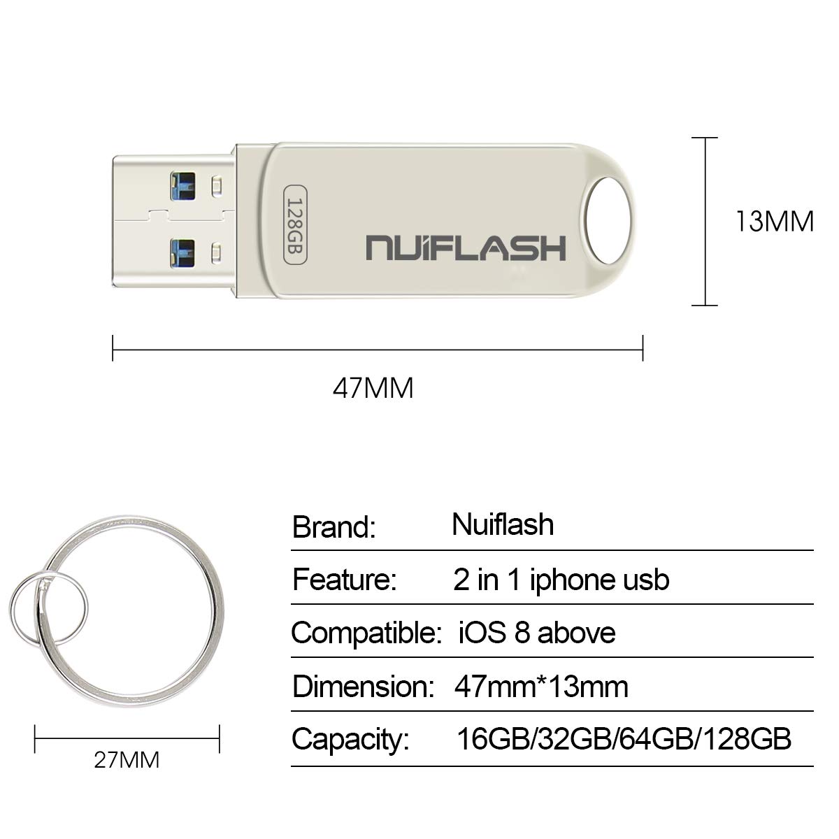 Usb Flash Drive 128GB Thumb Drive External Storage for iPhone Photo Stick Usb Drive Memory Stick NUIFLASH Jump Drive Compatible iphone/Mac/iPad (128GB-Silver)