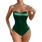 OYOANGLE Women's Silk Satin Bodysuit Sleeveless Strapless Tube Backless Solid Plain Slim Fit Bodysuit Tops