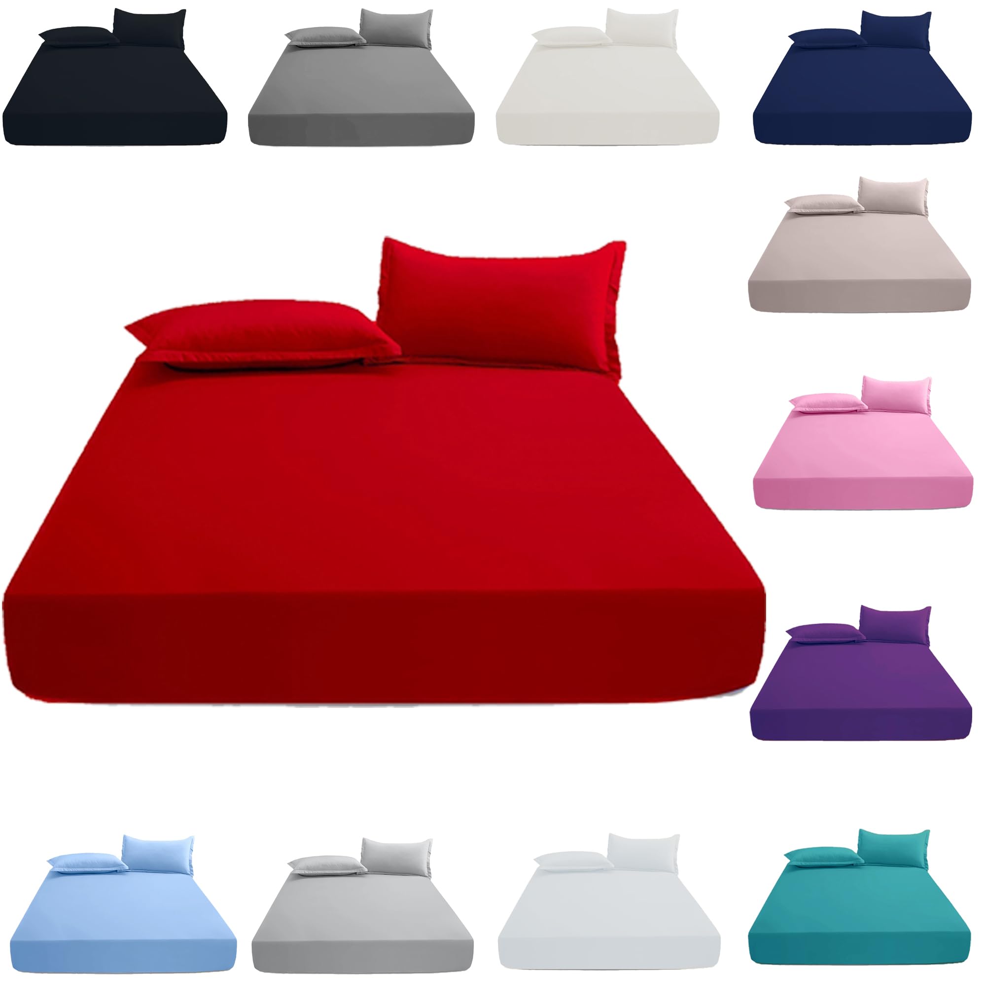 KHIM 100% Cotton 40CM/16inch Extra Deep Fitted Sheet - Single, Double, King & Super King Bed Sheets (Red - King)