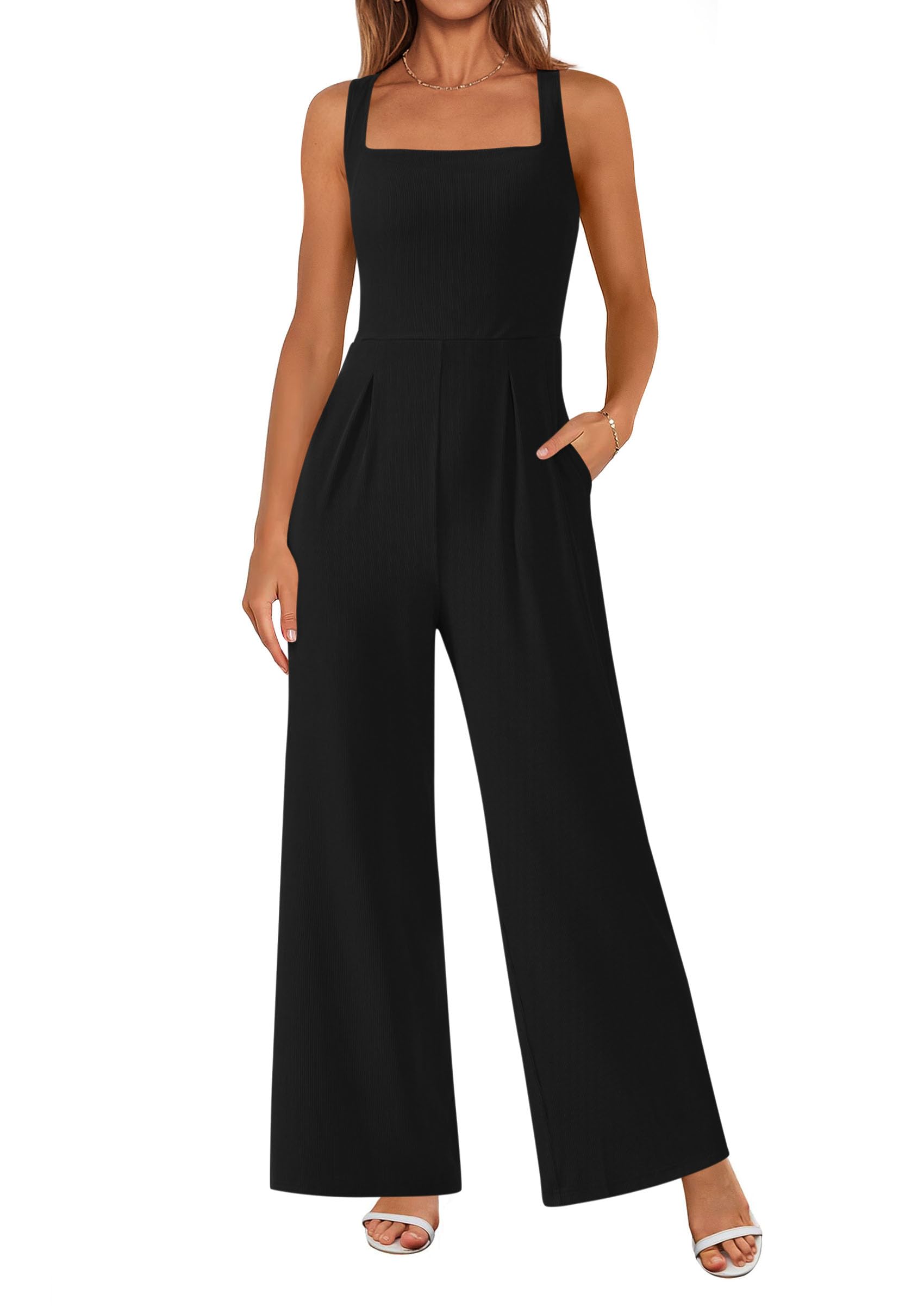 Photo 1 of (BAGGED) (USED/FAIR) PRETTYGARDEN Summer Sleeveless Jumpsuits for Women Dressy Square Neck Wide Leg Pants Knit One Piece Rompers Fashion Clothing (Black,Small)
