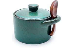 EWEIGEER Ceramic Salt Cellar With Lid & Spoon,8oz Salt Container For Countertop,Sugar Bowl,Spice Jar(Green)