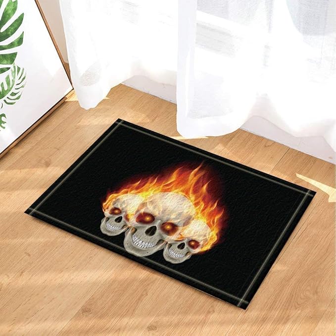 JHDF Fondo Negro Cráneo Blanco Llama Dorada Alfombra de baño Ángulo