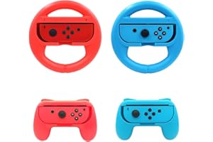 Beastron Racing Games Steering Wheel & Grips compatible with Switch Mario Kart, Joy-Con Steering Wheel & Grips, Red & Blue 4 Pack