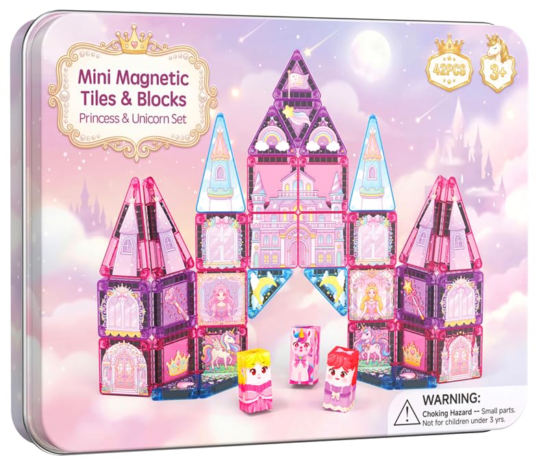 YOGOHEE Magnetic Travel Bricks for Girls: 42 Pieces Princess and Unicorn Tiles in Portable Metal Box as Mobile Building Platform for Car, Plane, Train, Toy