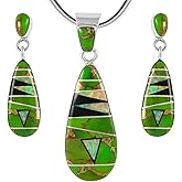 Matching Turquoise & Gemstones Set 925 Sterling Silver (Pendant, Earrings, Necklace 20")