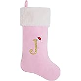 AUAWMLK 20-Inch Letter Embroidered Christmas Stocking Thick and Luxurious Pink Velvet with Super Soft Plush Cuff Personalized Festival Decoration for Xmas and New Year Party(Letter J)