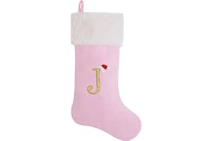 AUAWMLK 20-Inch Letter Embroidered Christmas Stocking Thick and Luxurious Pink Velvet with Super Soft Plush Cuff Personalized Festival Decoration for Xmas and New Year Party(Letter J)