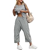 Fisoew Women's Summer 2 Piece Outfits Sleeveless Tank Tops Wide Leg Pocketed Pants Workout Sweat Sets