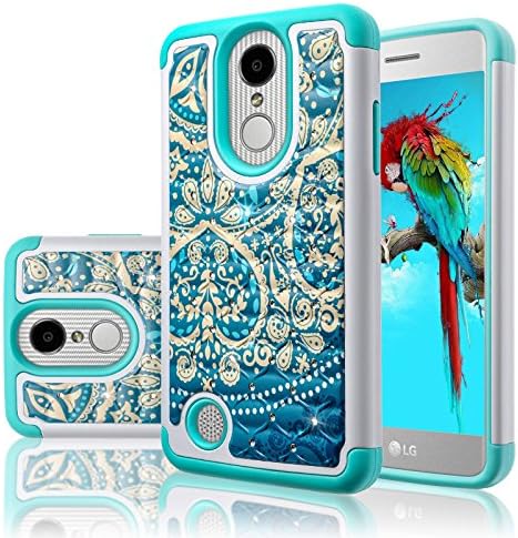LG Aristo / LG Phoenix 3 /LG K8 2017 / LG Fortune /LG Risio 2 /LG K4 2017 Case, AUU [Shock Absorption] Studded Rhinestone Bling Hybrid Dual Layer Silicone Rubber Armor Protective Cover Case (Flower)