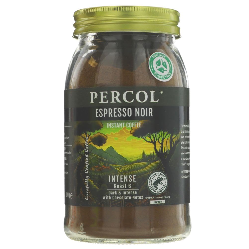 PERCOL Espresso Noir Instant Coffee Full-Flavoured Taste & Silky Crema Finish – Dark, Intense Robusta Blend 100g 6 Pk