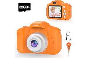 PROGRACE Orange Kids Camera, Birthday for Girls and Boys Ages 3-12, HD Digital Video Camera for Toddlers, IPS HD Screen, Portable Toy with 32GB SD Card