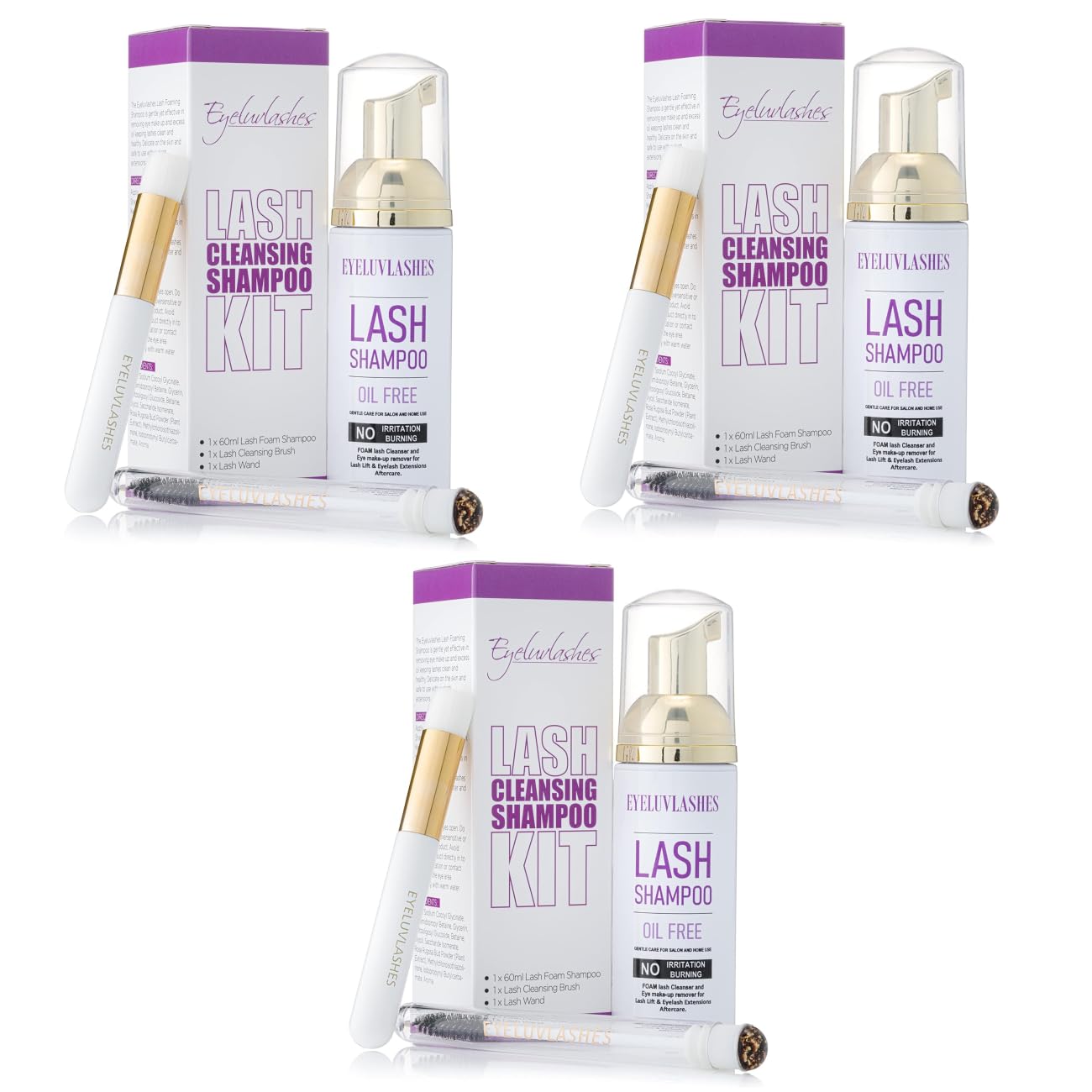 Eyeluvlashes 3-Pack Lash Shampoo Kit with Cleanser Brush & Spoolie - Vegan, Cruelty Free, Oil Free, Daily Use Aftercare for Eyelash Extensions