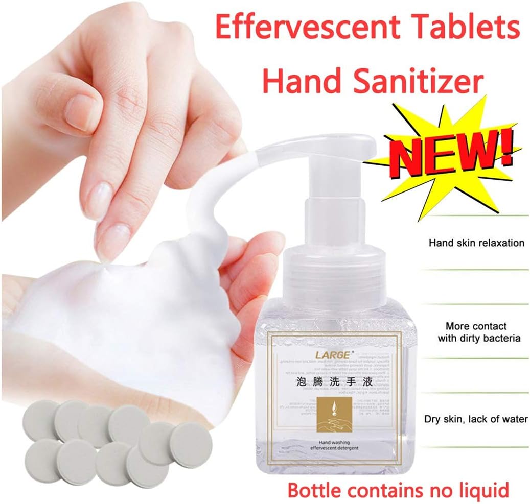 Hand Sanitizer Effervescent Tablets, Quick-Drying Hands Disinfectant, Hand Soap 10 Tablets + Hand Wash Bottle, Remove Dirt