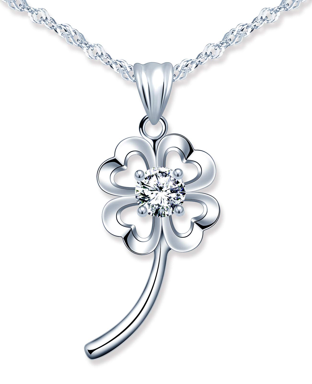 MicLee Women's girl's Necklace pendant, 925 Sterling Silver necklace, beautiful hollow four leaf clover necklace, Shiny pendant, Inlaid zircon, silver