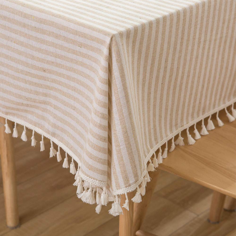 Plenmor Cotton Blend Table Cloth Stripe Tassel Rectangle Tablecloth Dust-Proof Table Cover for Kitchen Dinning Tabletop Decoration (140cm x 250cm, Beige)