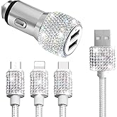 Bling Dual USB Car Charger with 3-in-1 Multi Fast Charging Cable, Dual Port Charger Adapter with Type C Micro USB Cord for iPhone, Android, Rhinestones Car Interior Accessories for Women(White)